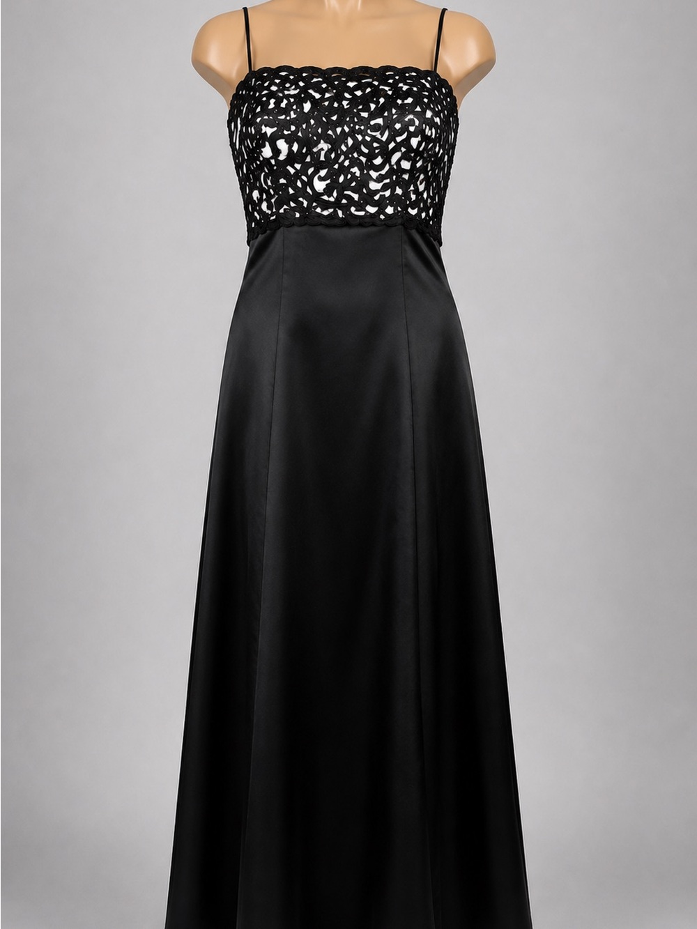 Cachet Black Satin Formal Gown Beaded Lace Evening Prom Dress Size 10